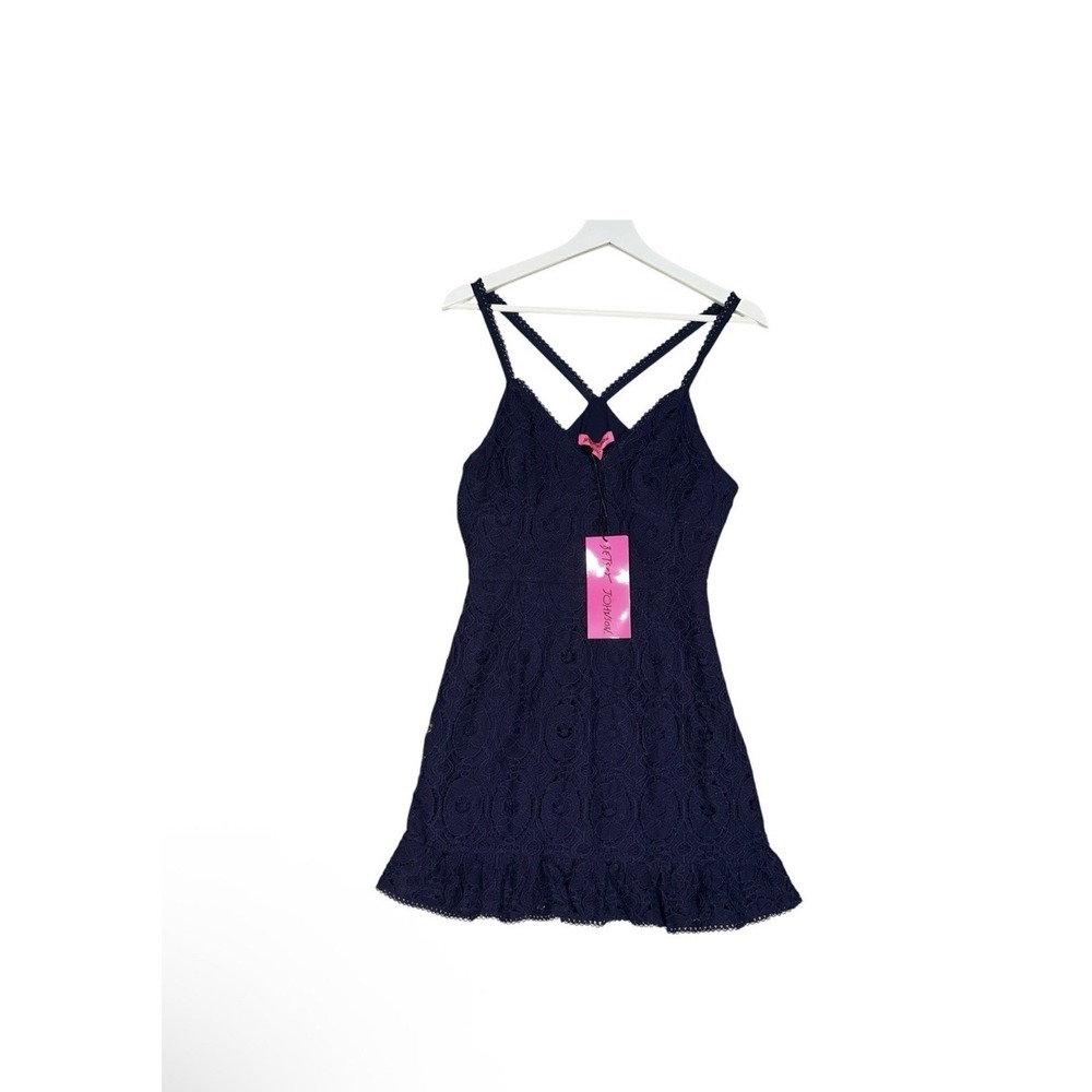 NEW Betsey Johnson Mini Dress Women Sz XS Navy Lace Detail Cotton Ruffle Holiday